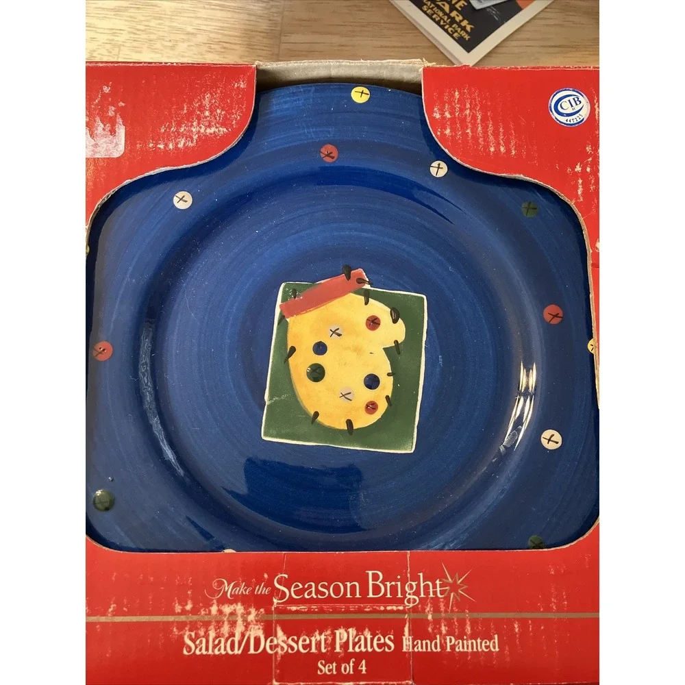 Make the‎ Season Bright 4 Hand Painted Salad/Dessert Plates Mitten tree Snowman